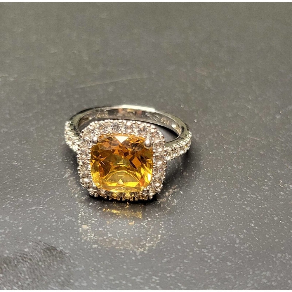 Cushion Cut 4.45 ct Golden Citrine Ring Sterling Silver Size 7 marked SUN